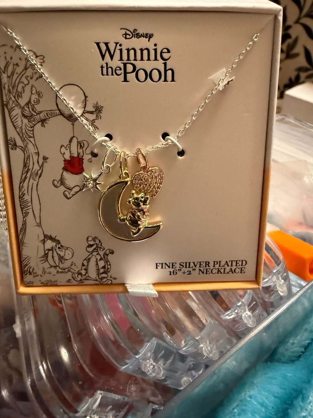 Disney Winnie the Pooh Moon and Heart Charm Fine Silver Plated 16+2 Necklace